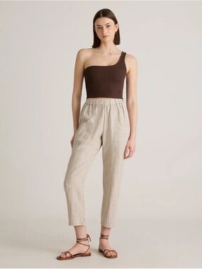 Quince M Khaki Tan Linen Straight Ankle Pants Neutral Boho Preppy Coastal Eco